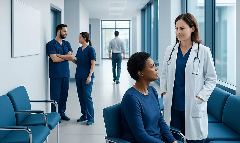 Medical team discussing patient care in hospital corridor.