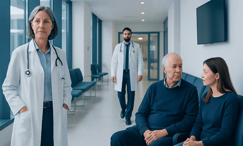 Medical team consulting with elderly patient in hospital corridor.