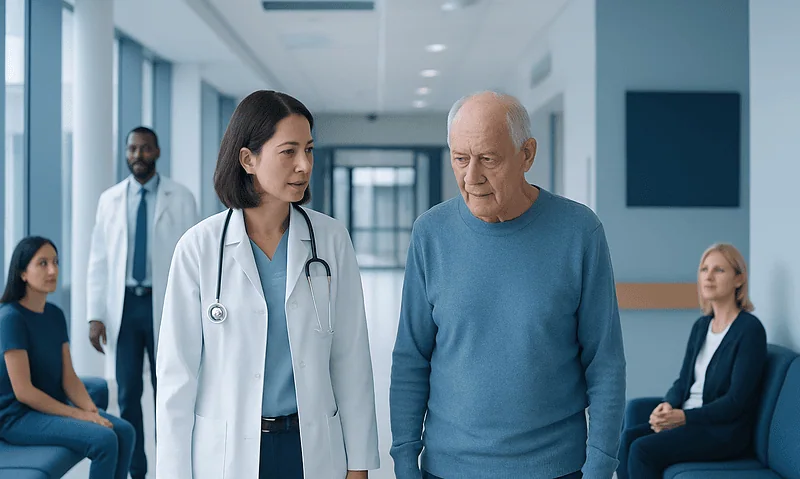 Healthcare professionals consulting with elderly patient in hospital corridor.