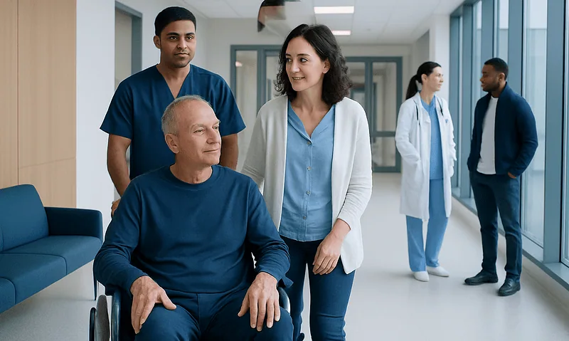 Hospital staff assisting a patient in a wheelchair in a modern medical facility.