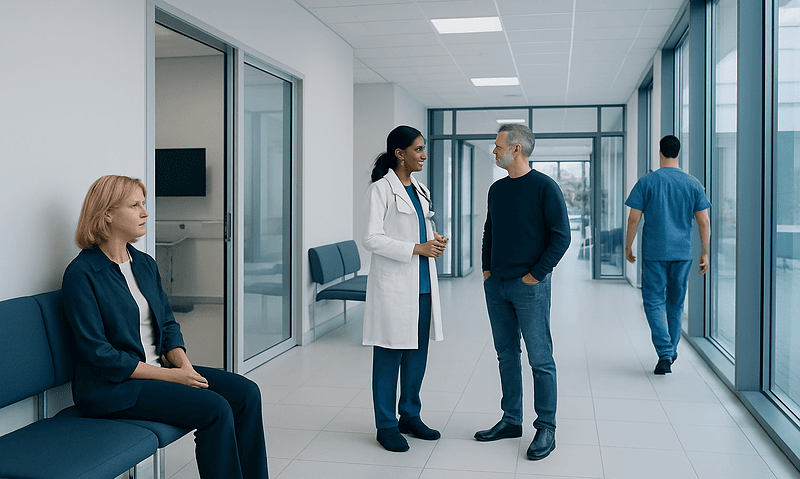Medical professionals and patient in a hospital corridor at Acibadem Hospitals Group.