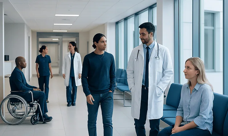 Medical team consulting with patient in hospital corridor.