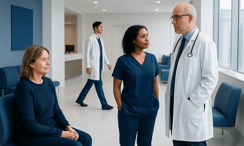 Medical team discussing patient care in a hospital corridor.