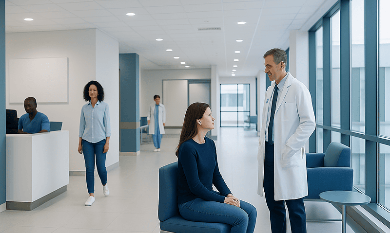 Doctor consulting a patient in a modern hospital corridor.