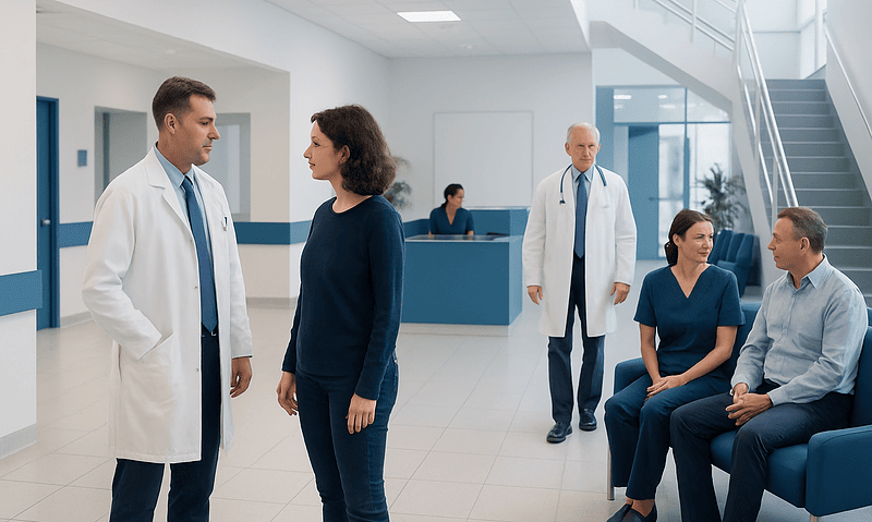 Medical professionals and patient in hospital waiting area.