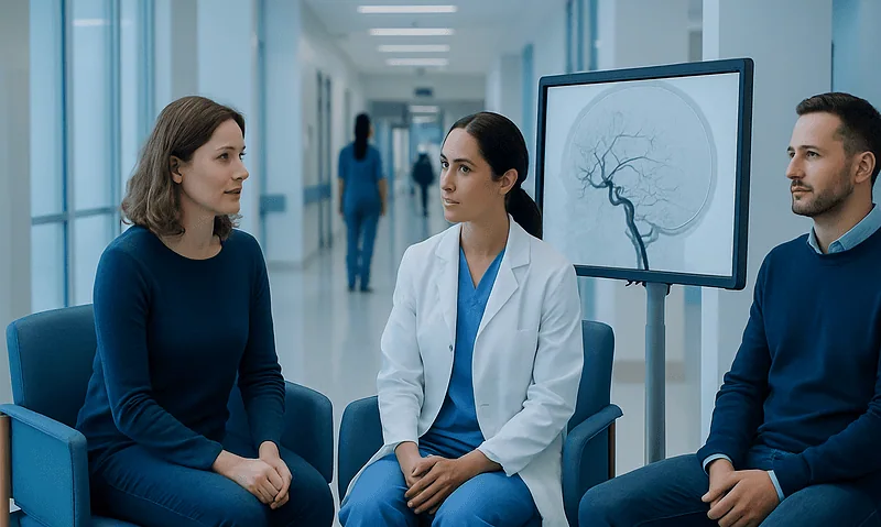 Neurointerventional radiology consultation with doctors and patient in hospital corridor.