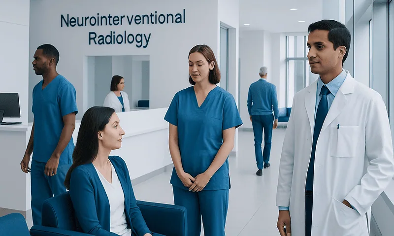 Medical team discussing neurointerventional radiology procedures at Acibadem Hospitals.