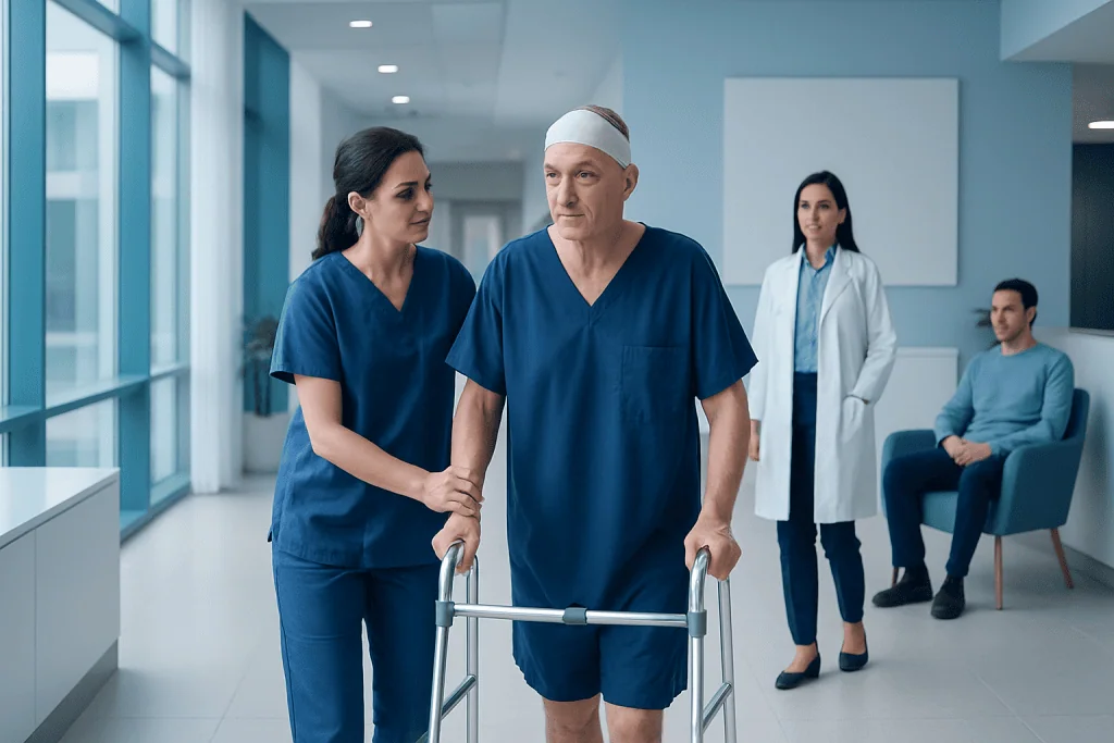 Neurointerventional Radiology Recovery: Hospital Stay, Aftercare, and Warning Signs 1 Patient walking with support in hospital corridor with medical staff nearby.