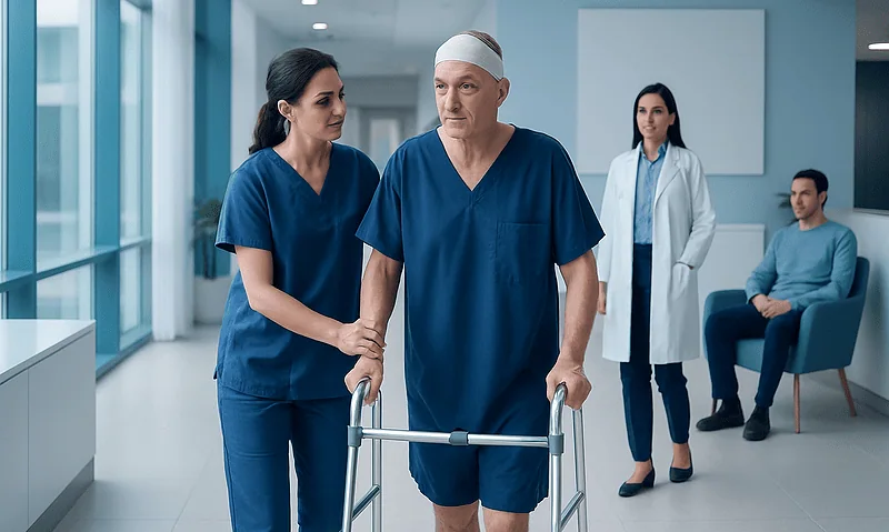 Patient walking with support in hospital corridor with medical staff nearby.