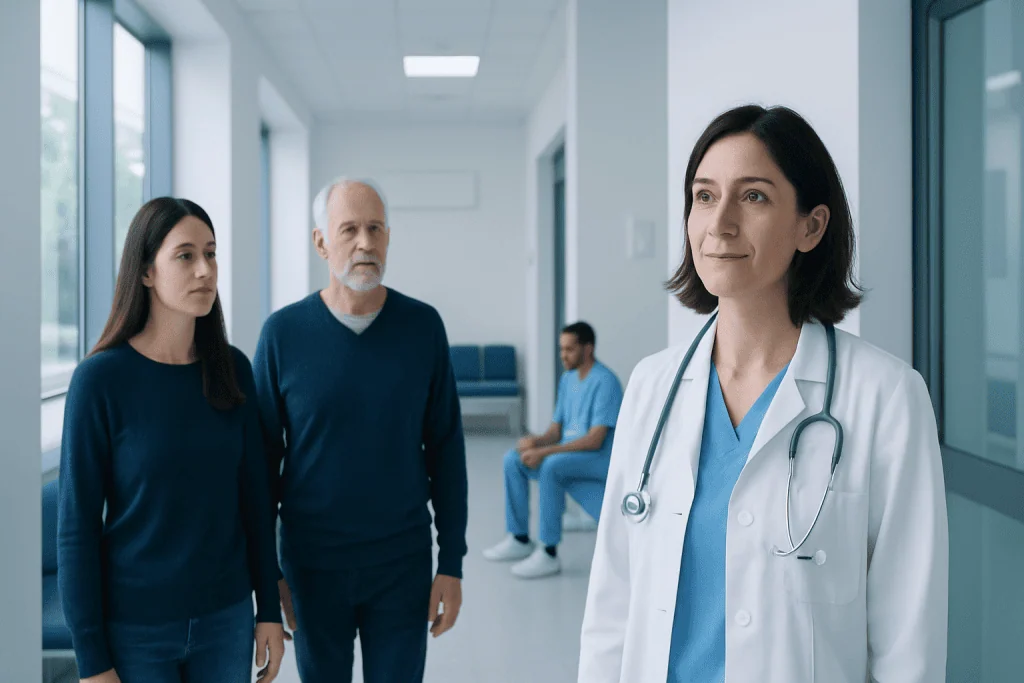 Neurological Disorders: Early Warning Signs, Diagnosis, and Specialist Care 1 Doctor consulting elderly patients in hospital corridor.