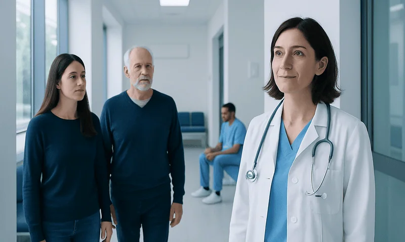 Doctor consulting elderly patients in hospital corridor.