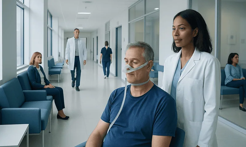 Patient with oxygen mask in hospital corridor with medical staff and visitors.