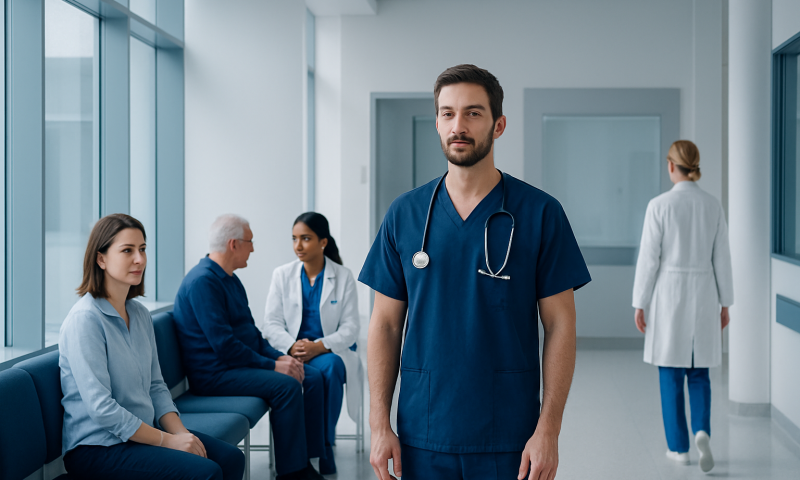 Healthcare professionals and patients in a hospital corridor.