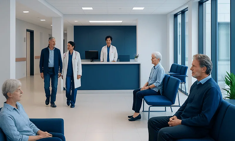 Patients waiting in a modern hospital lobby with medical staff nearby.