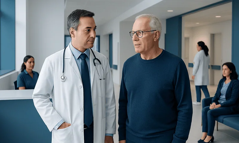 Doctor consulting with an elderly patient in a hospital corridor.