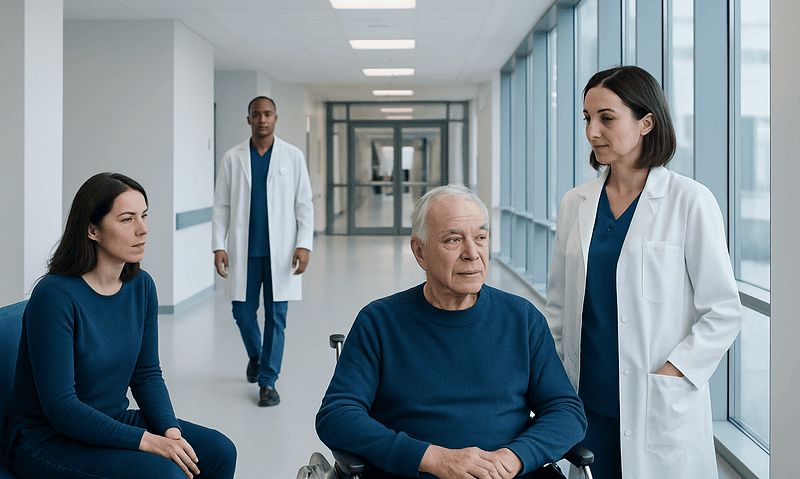 Medical team consulting with elderly patient in hospital corridor.