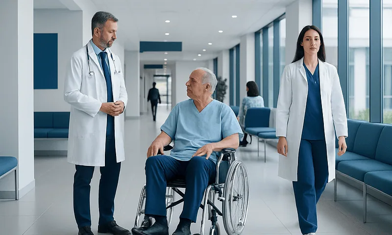 Doctor and nurse with elderly patient in hospital corridor.