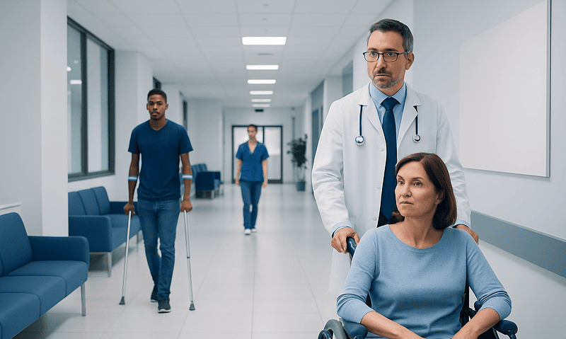 Medical team assisting a patient in a hospital corridor.