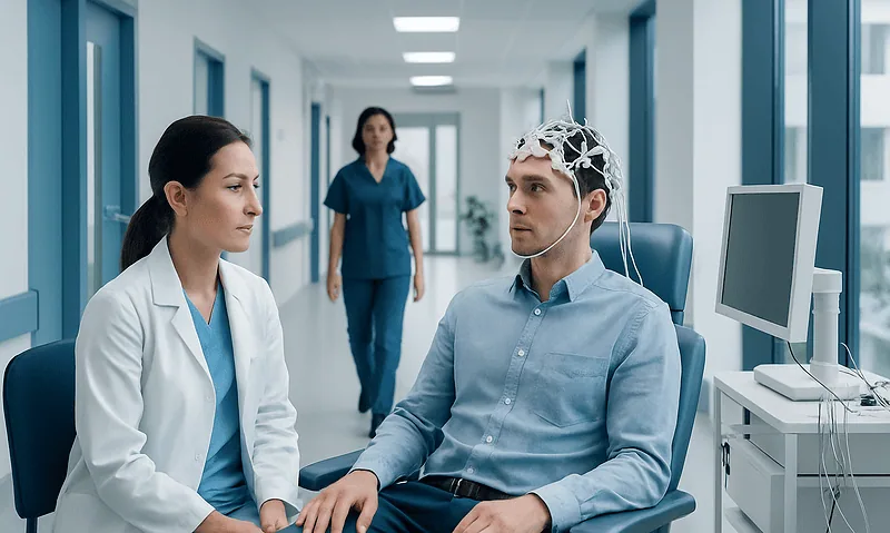 Patient undergoing neurophysiological testing in a hospital setting.