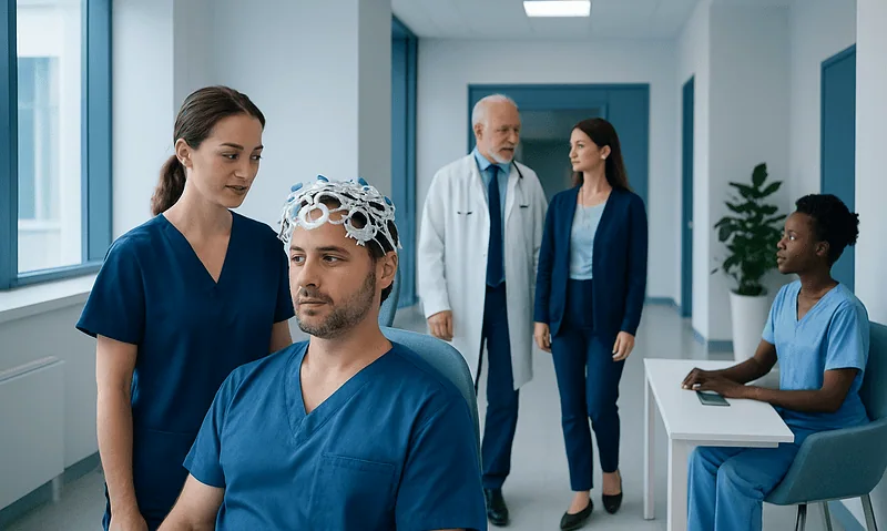 Medical team conducting neurophysiology test in hospital.