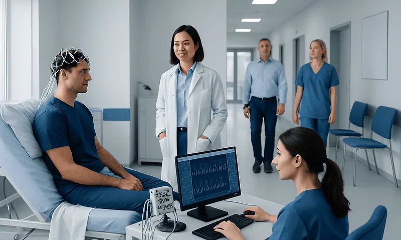 Doctor discussing neurophysiology test results with patient in hospital.