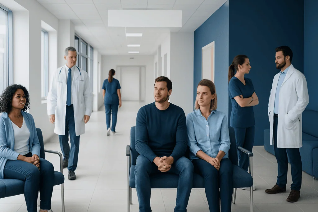 Neuropsychiatric Disorders: Common Types, Symptoms, and Diagnosis 1 Patients waiting in a hospital corridor with medical staff nearby.
