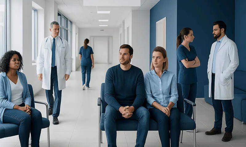 Patients waiting in a hospital corridor with medical staff nearby.