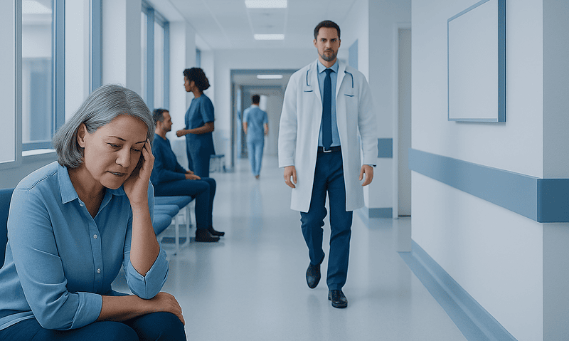 Patient experiencing distress in hospital corridor with medical staff nearby.