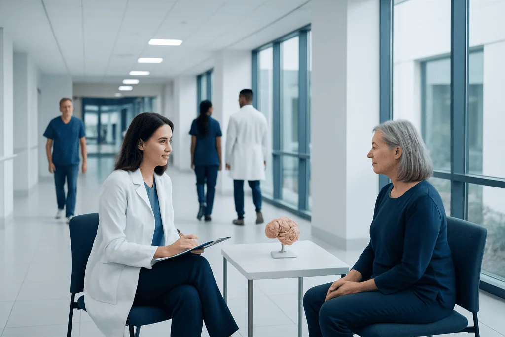 Neuropsychological Testing: What the Tests Measure and Why They Are Ordered 1 Doctor consulting with elderly patient in hospital corridor.