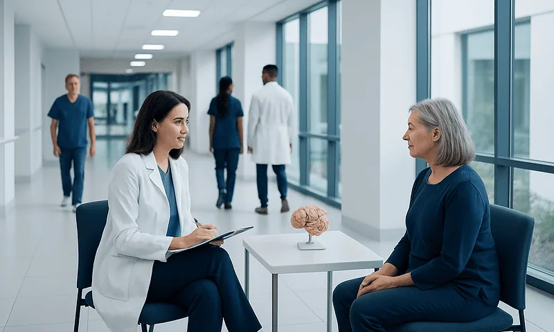 Doctor consulting with elderly patient in hospital corridor.