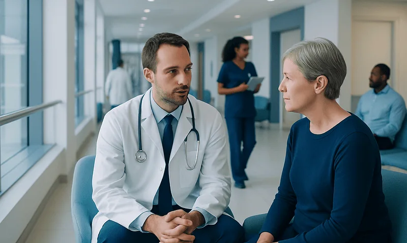 Doctor consulting with a patient in a hospital corridor.