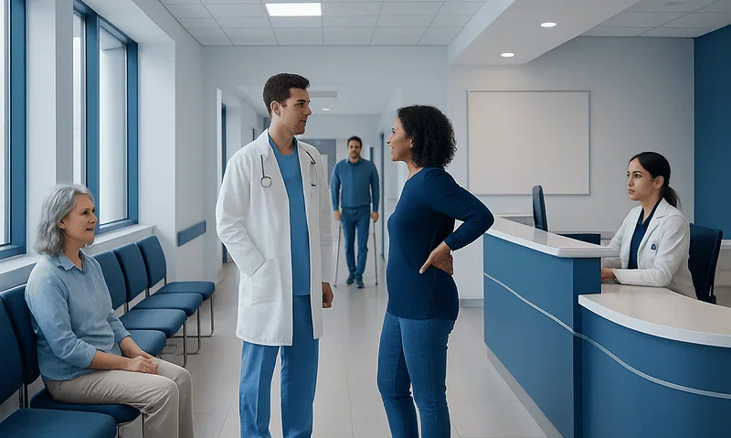 Doctor consulting with a patient in a hospital corridor.