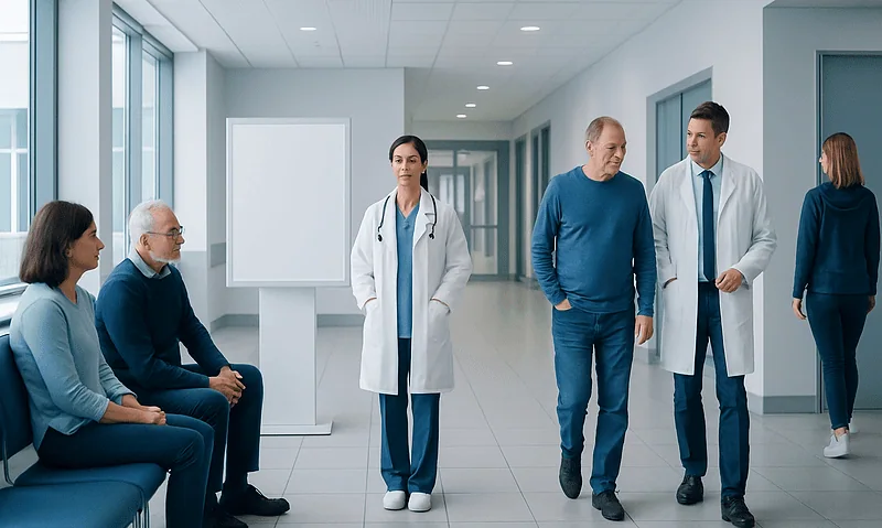 Medical team consulting patients in hospital corridor.