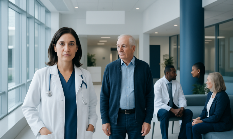 Medical professionals and patients in a hospital corridor.