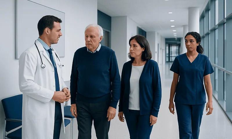 Medical team discussing patient care in hospital corridor.