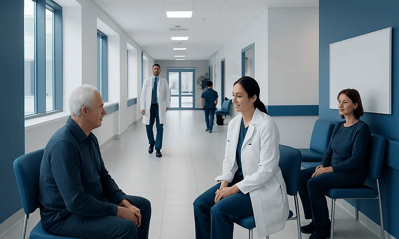 Doctor consulting with elderly patient in hospital corridor.