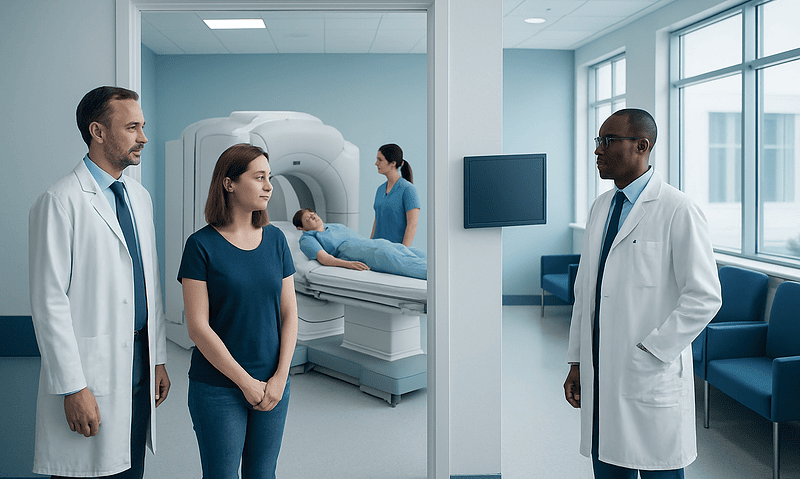 Health Library 11 Medical professionals discuss patient care in a modern hospital MRI room.