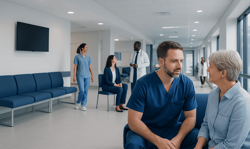 Medical consultation in a modern hospital waiting area with healthcare professionals and patients.
