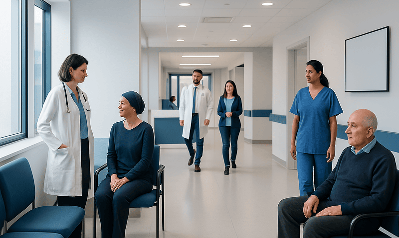 Healthcare professionals and patients in a hospital corridor at Acibadem Hospitals Group.