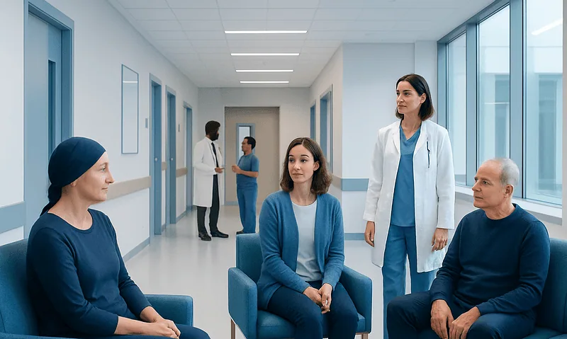 How Oncology Care Works: Diagnosis, Treatment, and Follow-Up 18 Patients and doctor in a hospital corridor during consultation.