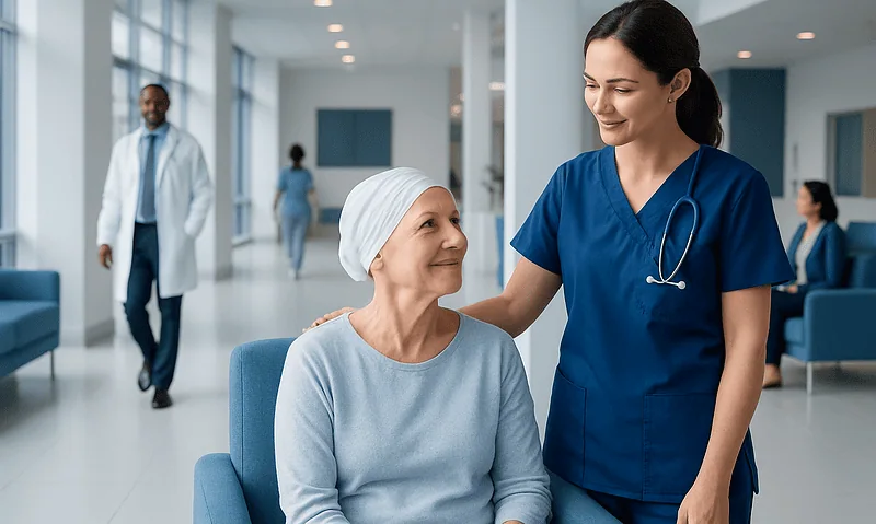 Oncology nurse comforting a patient in a hospital corridor.