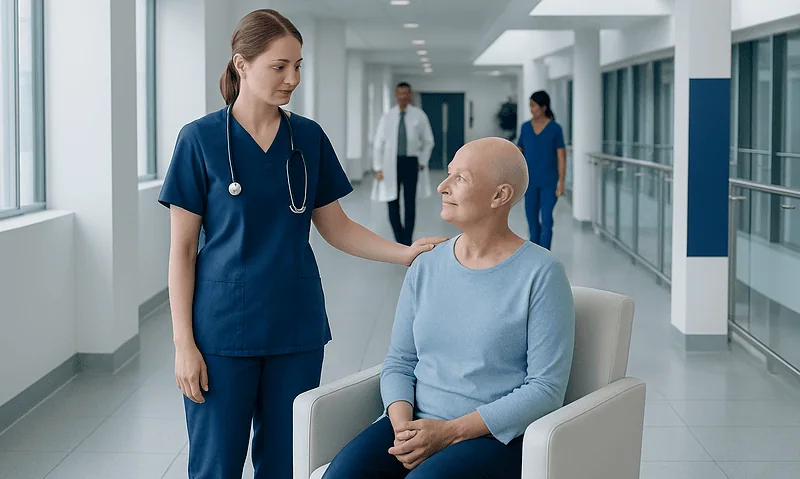 Compassionate nurse comforting a cancer patient in hospital corridor.