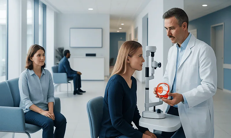 Optometrist explains eye health to patient in a modern clinic setting.
