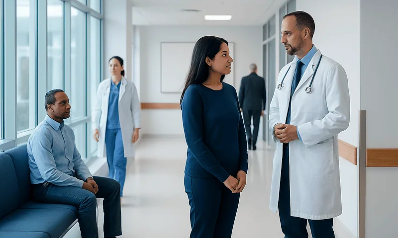 Doctor consulting a patient in a hospital corridor with staff in the background.