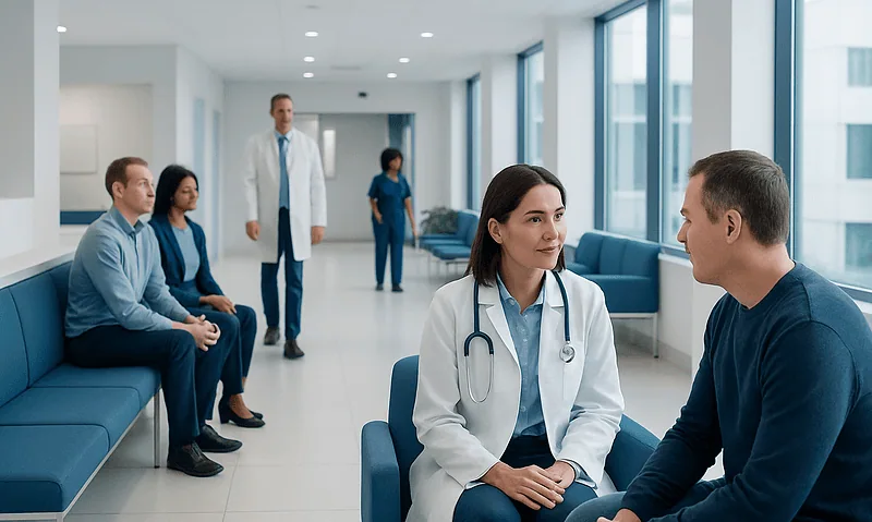 Doctor consulting with patient in hospital waiting area.