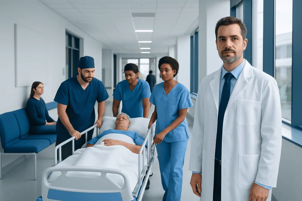 Organ Transplant Surgery: Step-by-Step From Evaluation to Recovery 1 Medical team preparing patient for surgery in hospital corridor.