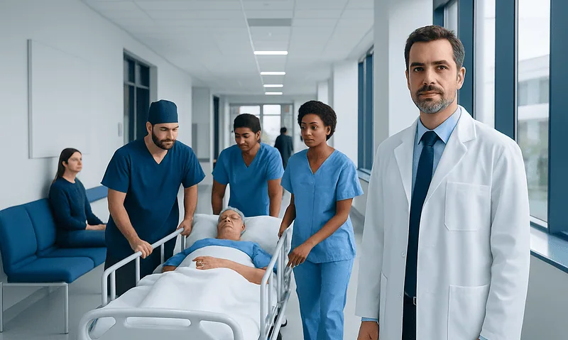 Medical team preparing patient for surgery in hospital corridor.