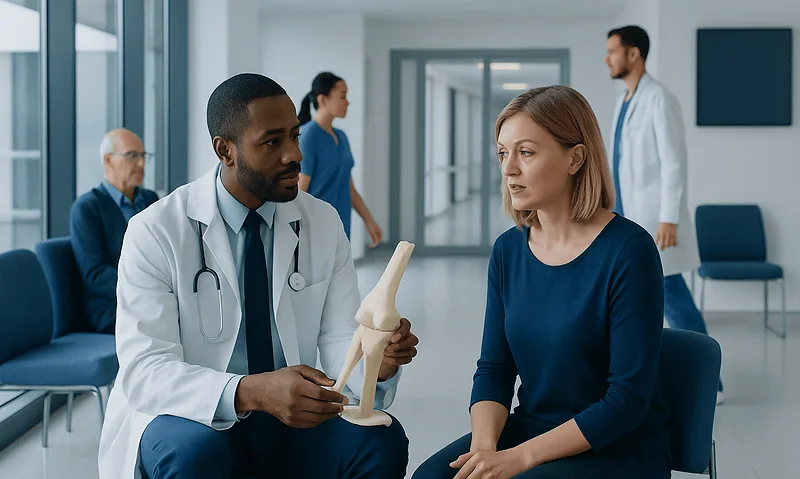 How Orthopedic Diagnosis Works: Exam, Imaging, and Treatment Planning 9 Doctor explaining knee anatomy to patient in hospital corridor.