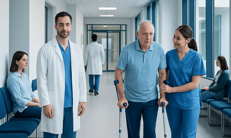 Orthopedic Surgery: What Happens Before, During, and After 12 Medical staff assisting elderly patient with crutches in hospital corridor.