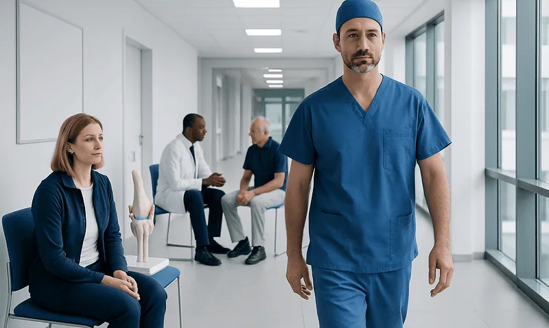 What Orthopedic Surgery Is and How It Works 2 Orthopedic surgeon walking in hospital corridor with patients and staff nearby.